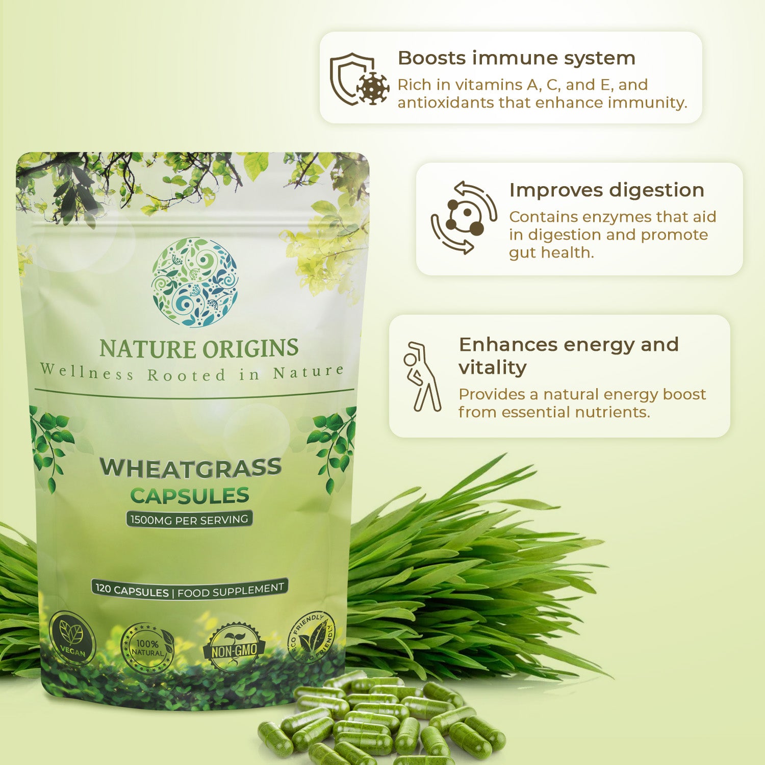 Wheatgrass Capsules – Detox & Immune Support | 1500mg per Serving | 120 Capsules
