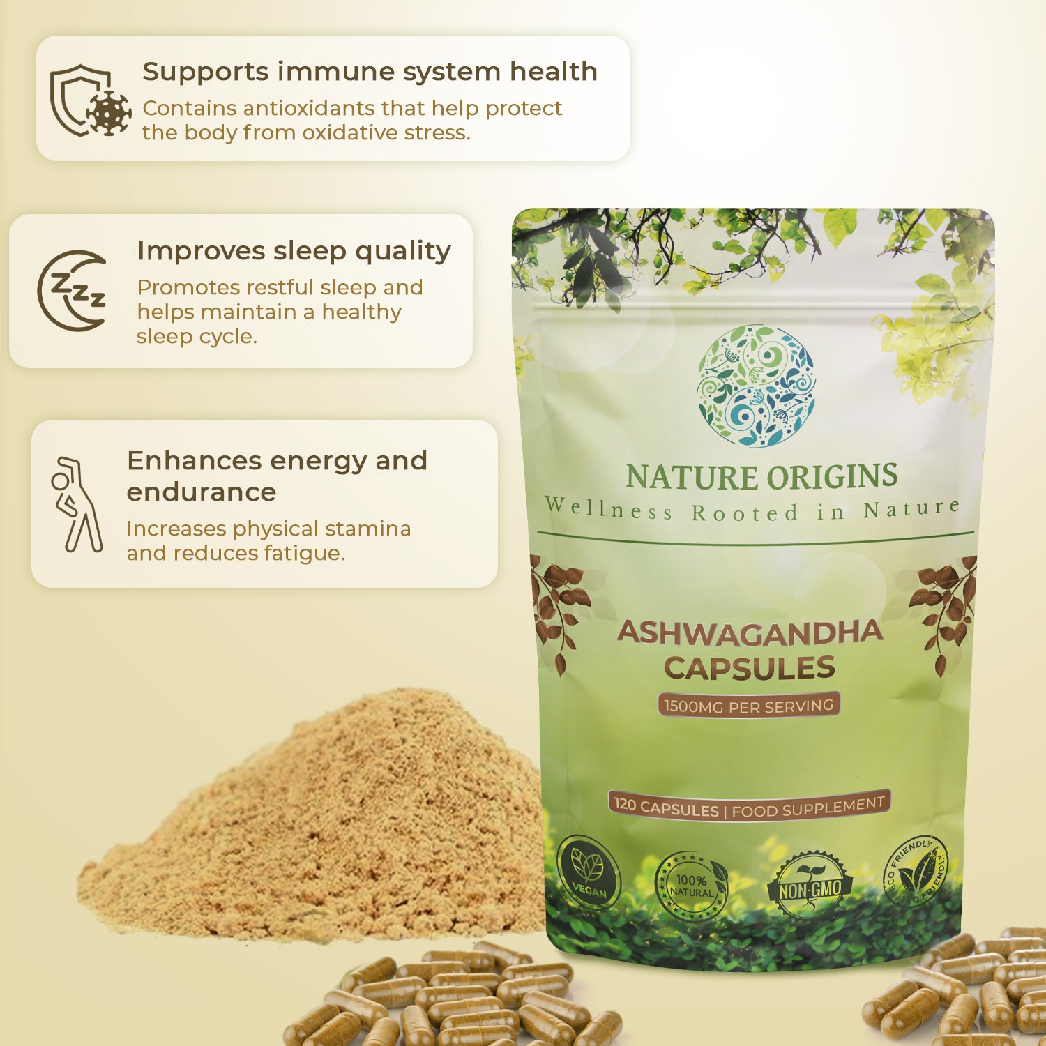 Ashwagandha Capsules – Stress Relief & Recovery Support | 1500mg per Serving | 120 Capsules