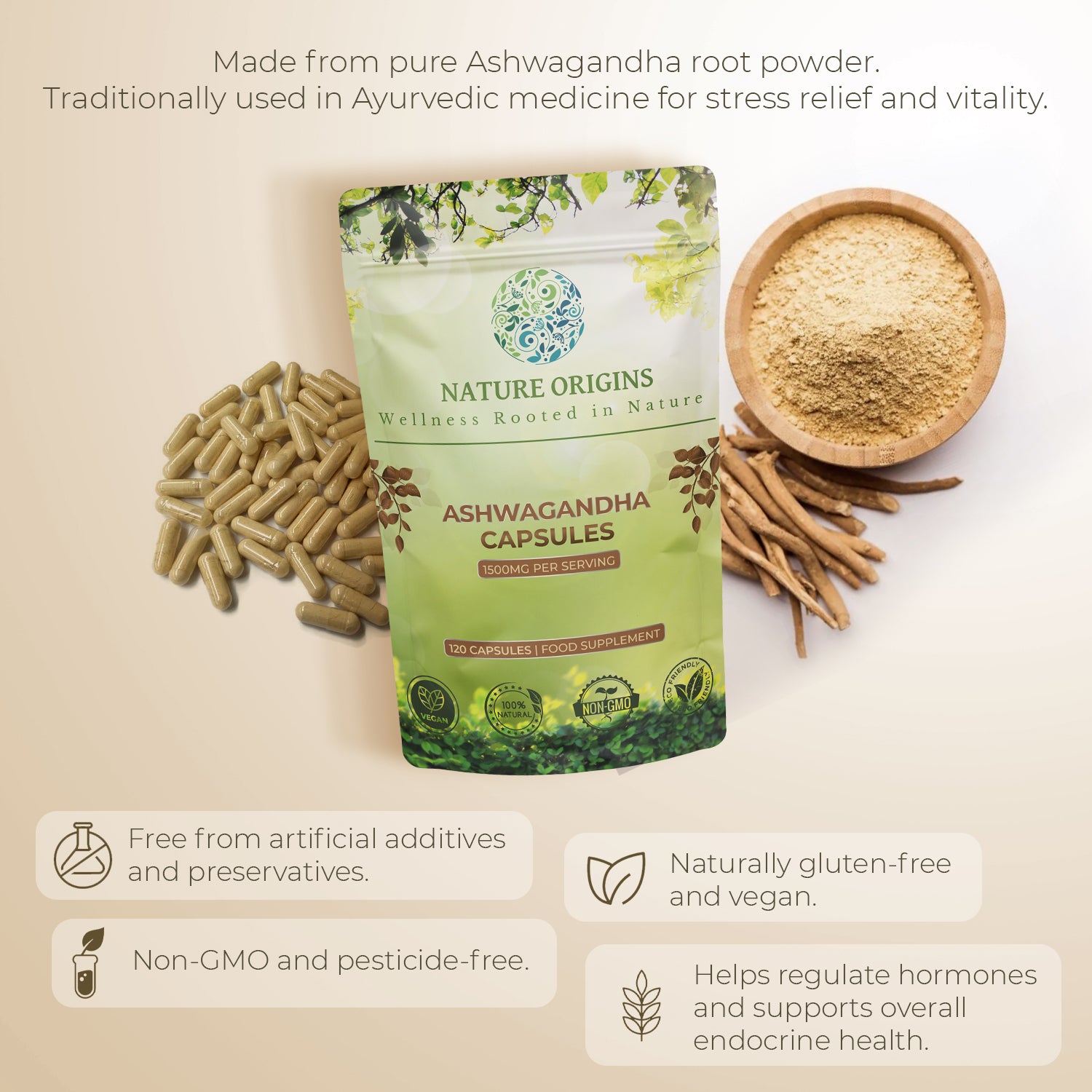 Ashwagandha Capsules – Stress Relief & Recovery Support | 1500mg per Serving | 120 Capsules