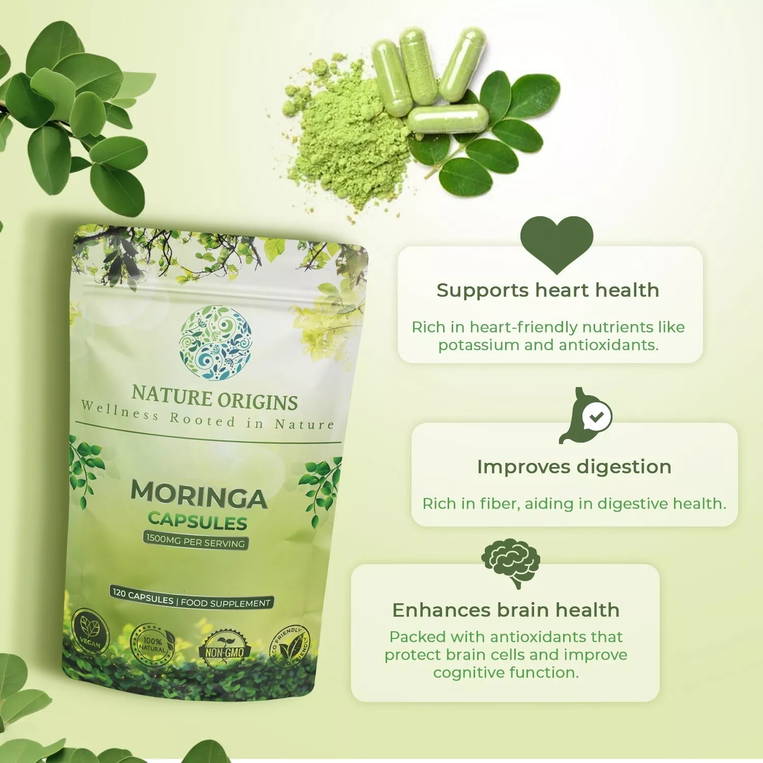 Moringa Capsules - 120 Capsules - Superfood Vitamin A Vitamin C Vitamin D